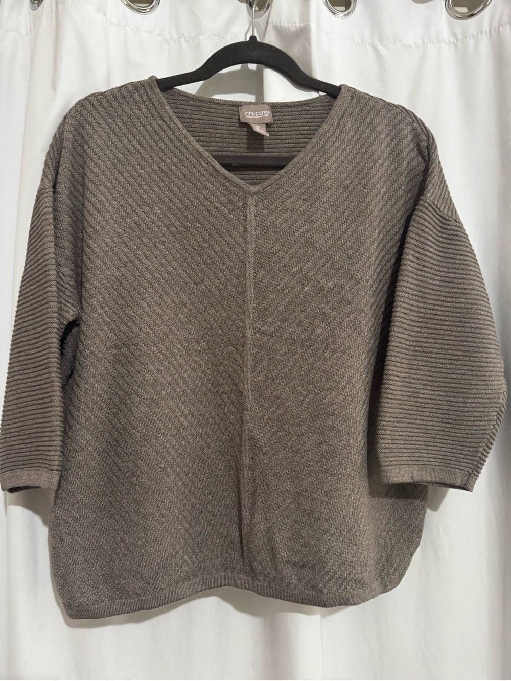 Chico's Taupe Ribbed-Sleeve V-Neck Pullover